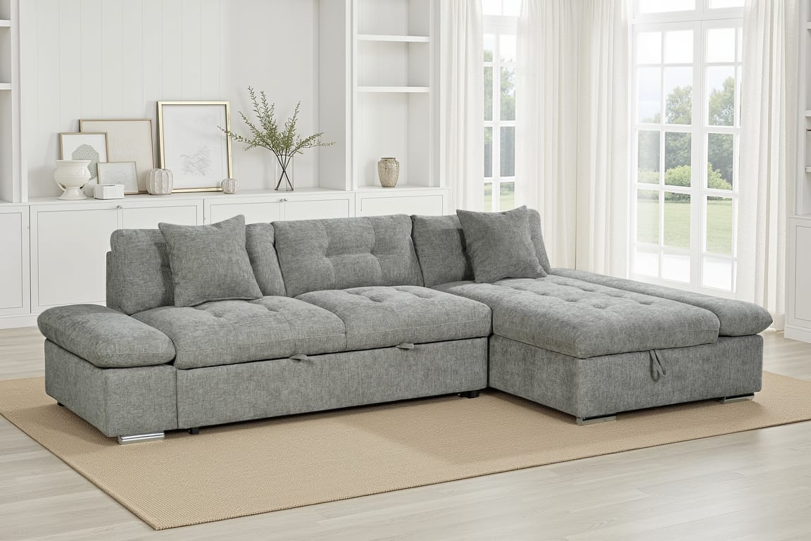 Grey Chenille Fabric 1C2 Corner Sofabed with Storage HARRY