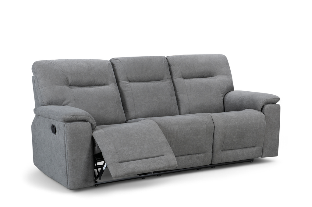 Grey Fabric Murcia 3 Seater Manual Recliner Sofa Front Angle Footrest