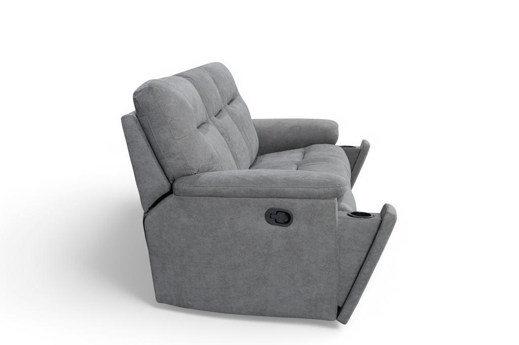 Grey Fabric Murcia 3 Seater Manual Recliner Sofa Side Cupholders
