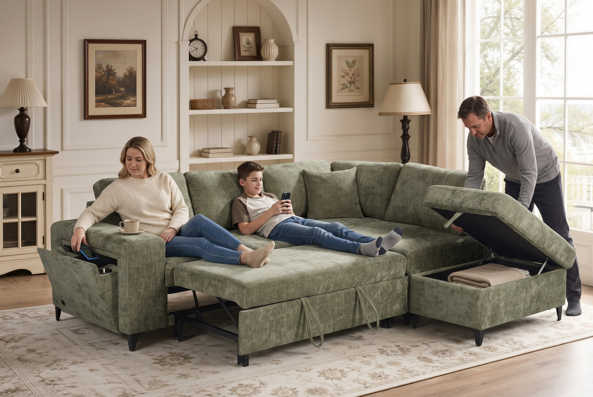 Green Chenille Fabric 2C1 Corner Sofabed with Storage JAMIE