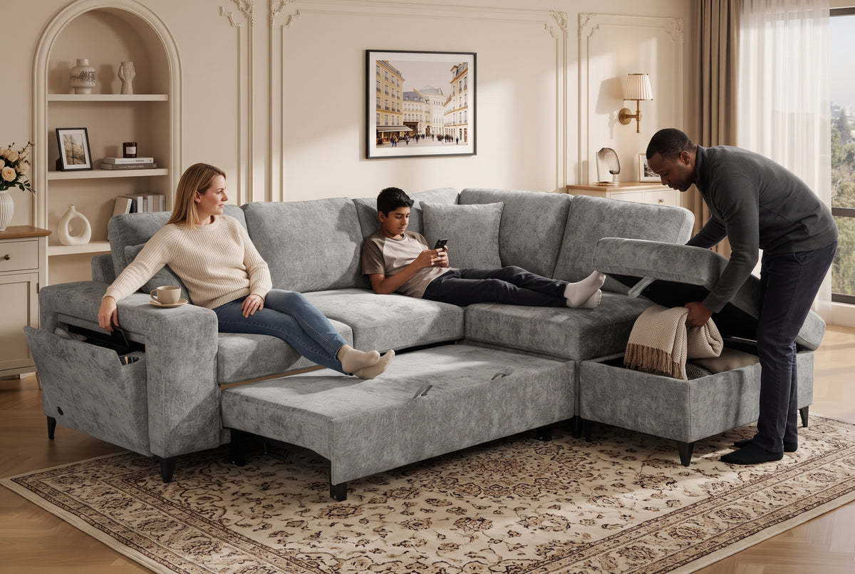 Grey Chenille Fabric 2C1 Corner Sofabed with Storage JAMIE