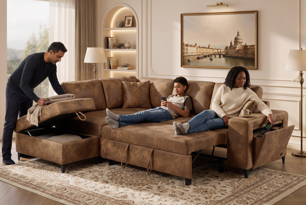 Faux Leather Suede Brown 1C2 Corner Sofabed with Storage JAMIE