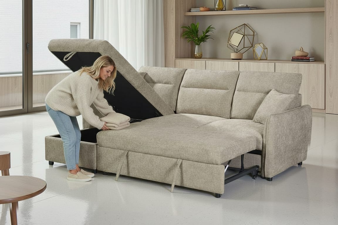 Grey Chenille Fabric 1C2 Corner Sofabed with Storage ARCHIE
