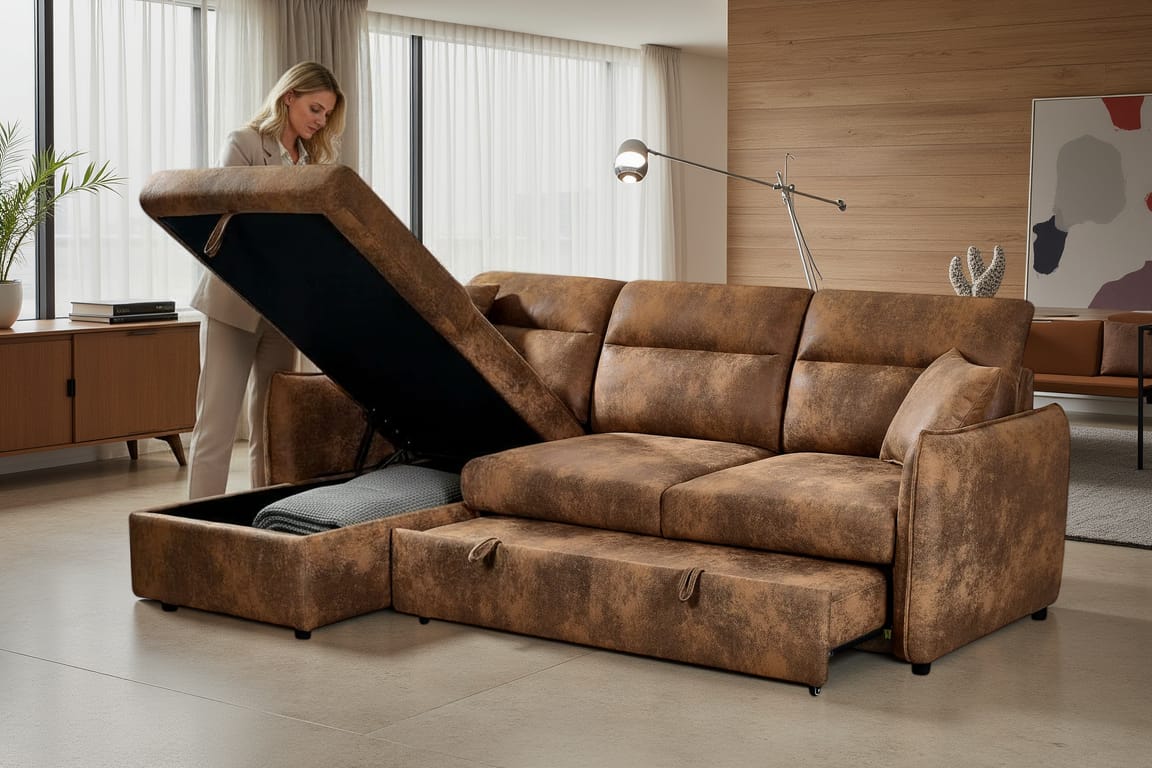 Faux Leather Suede Brown 1C2 Corner Sofabed with Storage ARCHIE