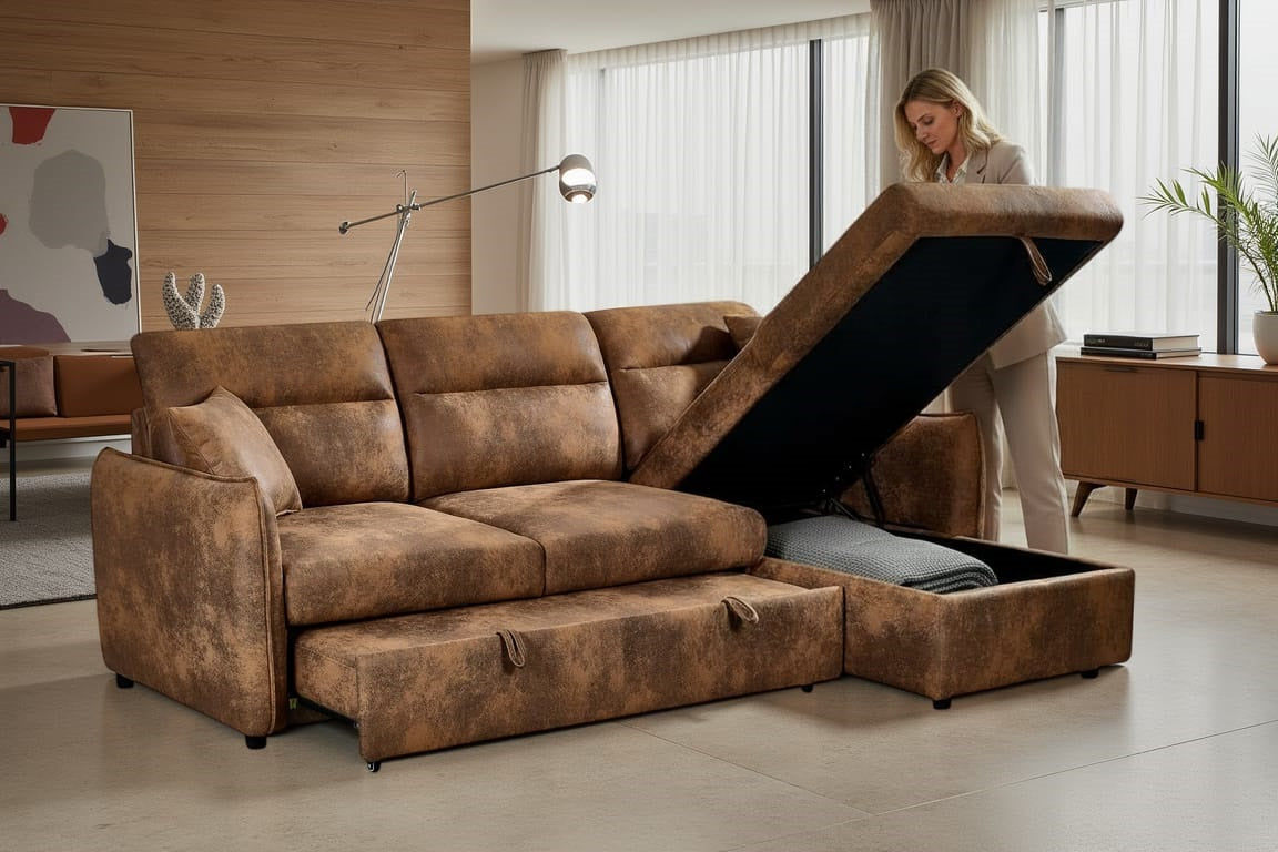 Faux Leather Suede Brown 2C1 Corner Sofabed with Storage ARCHIE