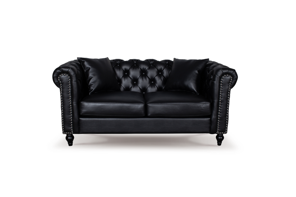 Leather Air Black Camden 2 Seater Chesterfield Sofa With Wooden Feet