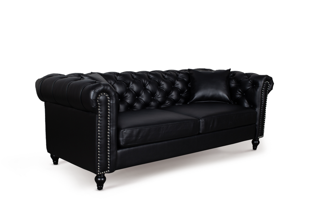 Leather Air Black Camden 3 Seater Chesterfield Sofa With Wooden Feet