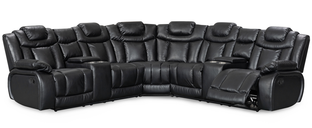 Leather Air Black Toledo 2C2 Manual Recliner Corner Sofa with Cup Holders and Console