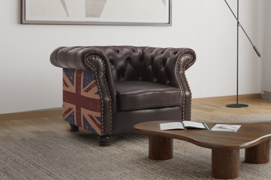 Leather Air Brown 1 Seater Union Jack Chesterfield Sofa