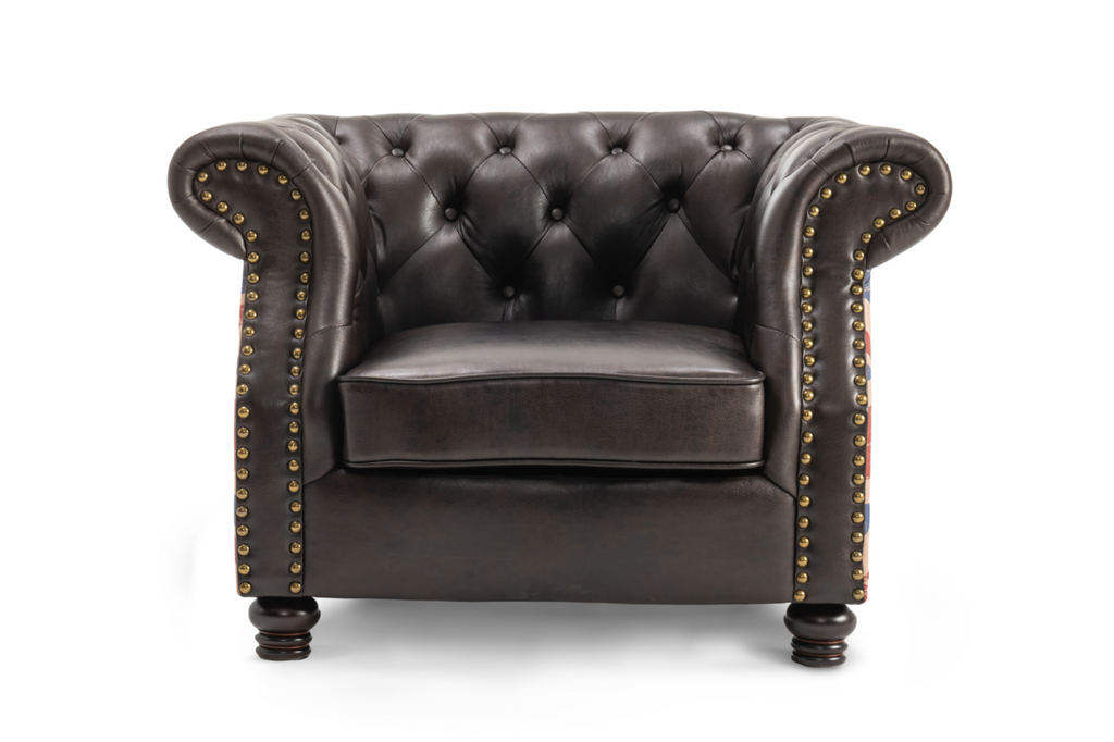 Leather Air Brown 1 Seater Union Jack Chesterfield Sofa