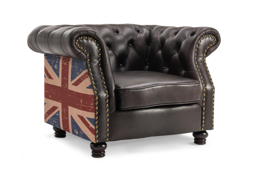 Leather Air Brown 1 Seater Union Jack Chesterfield Sofa