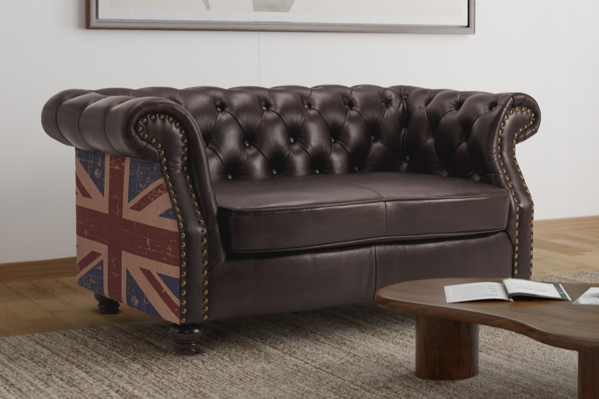 Leather Air Brown 2 Seater Union Jack Chesterfield Sofa