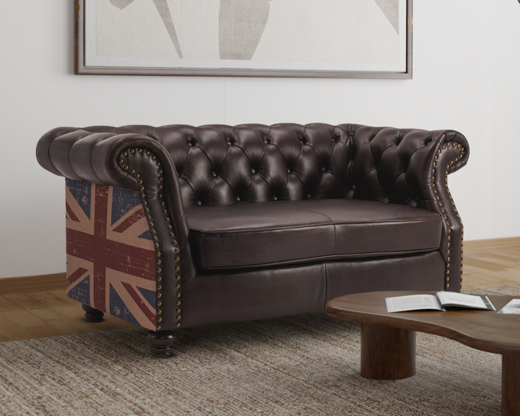 Leather Air Brown 2 Seater Union Jack Chesterfield Sofa