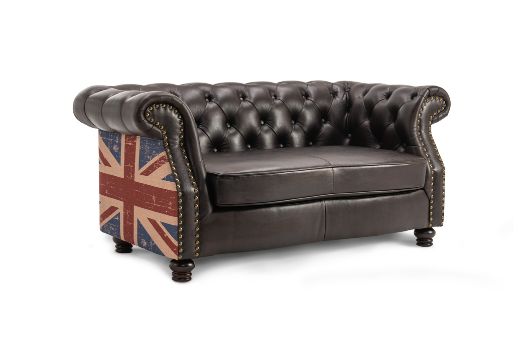 Leather Air Brown 2 Seater Union Jack Chesterfield Sofa