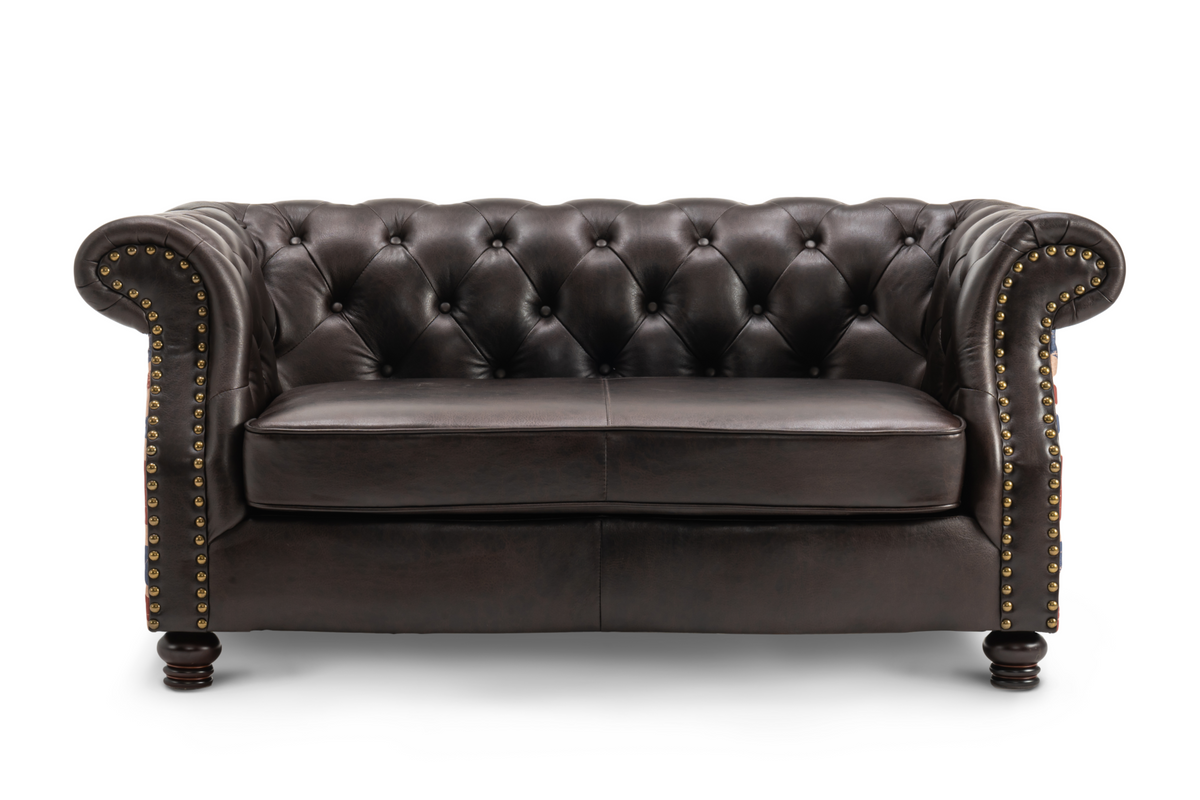 Leather Air Brown 2 Seater Union Jack Chesterfield Sofa