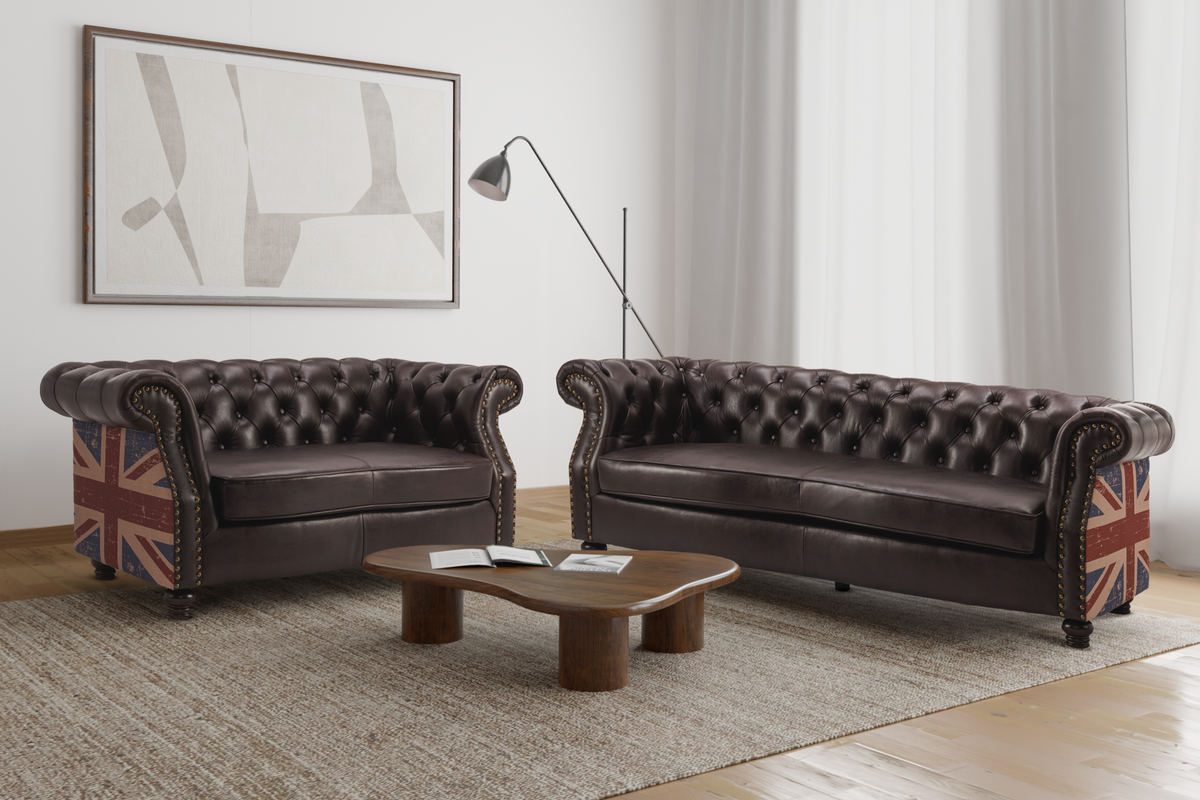 Leather Air Brown 3+2 Seater Union Jack Chesterfield Sofa Set