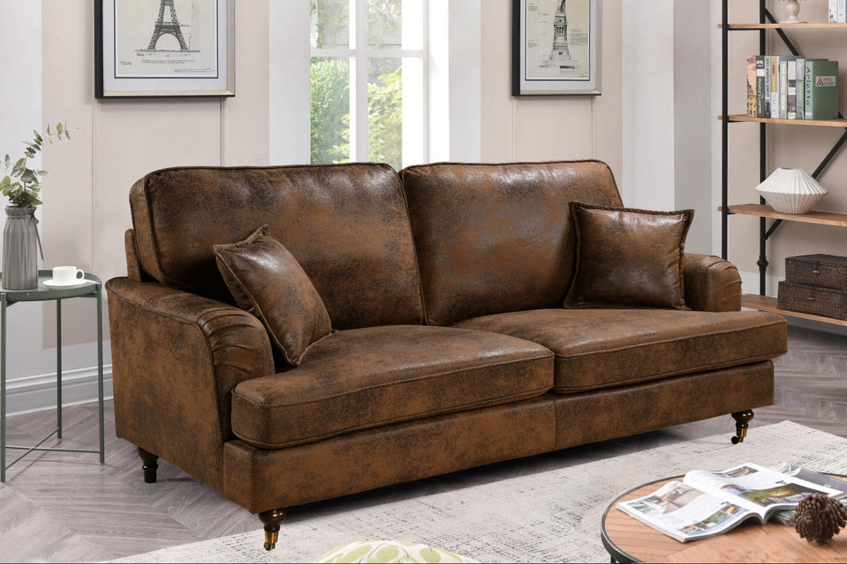 Leather Air Suede Brown 3 Seater Astbury Bella Sofa with Plain Cushions