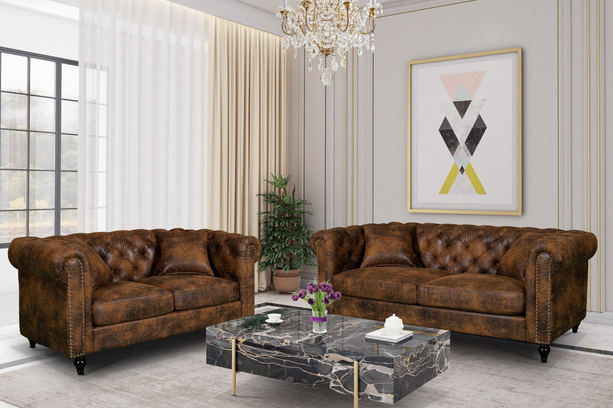 Leather Air Suede Brown 3 + 2 Seater Camden Chesterfield Sofa Set With Wooden Feet
