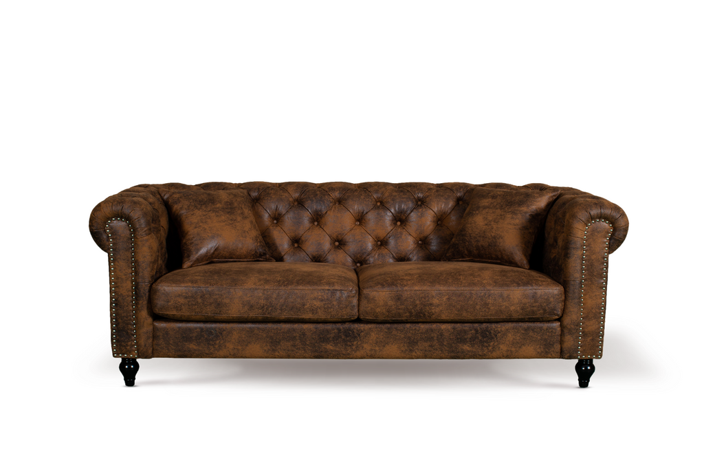 Leather Air Suede Brown 3 + 2 Seater Camden Chesterfield Sofa Set With Wooden Feet