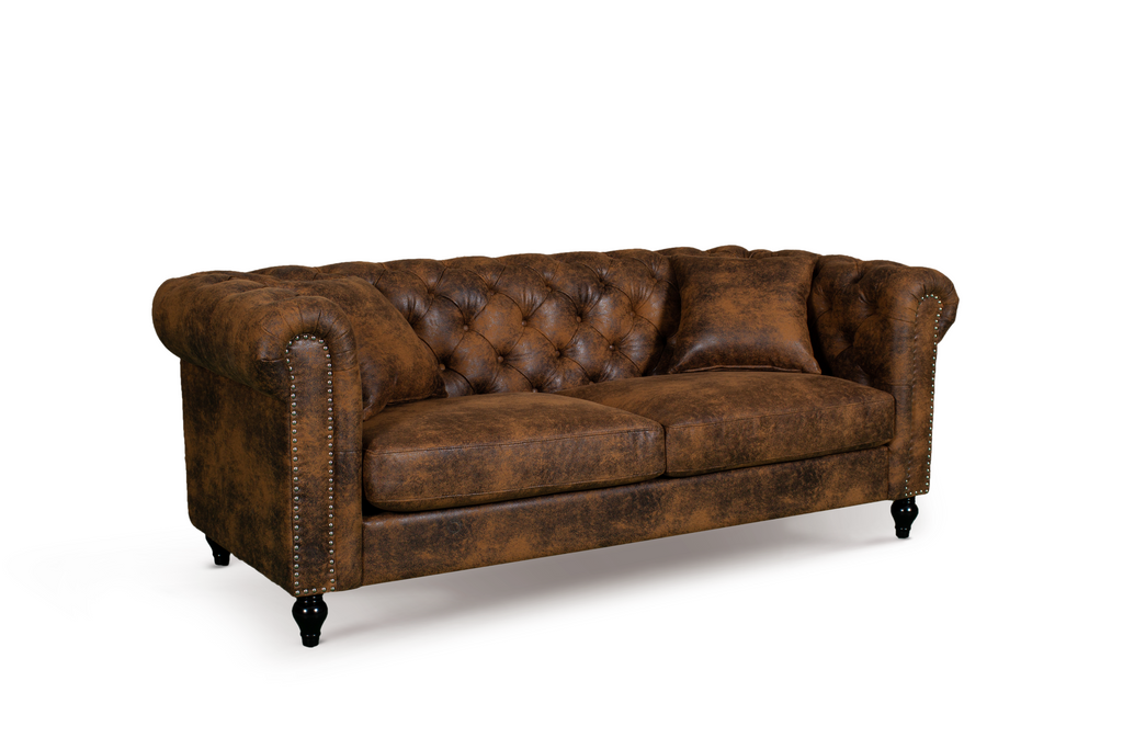 Leather Air Suede Brown 3 + 2 Seater Camden Chesterfield Sofa Set With Wooden Feet