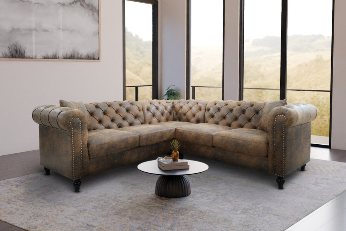 Leather Air Suede Brown Camden 2C2 Chesterfield Corner Sofa With Wooden Feet