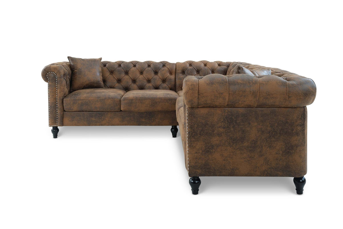 Leather Air Suede Brown Camden 2C2 Chesterfield Corner Sofa With Wooden Feet