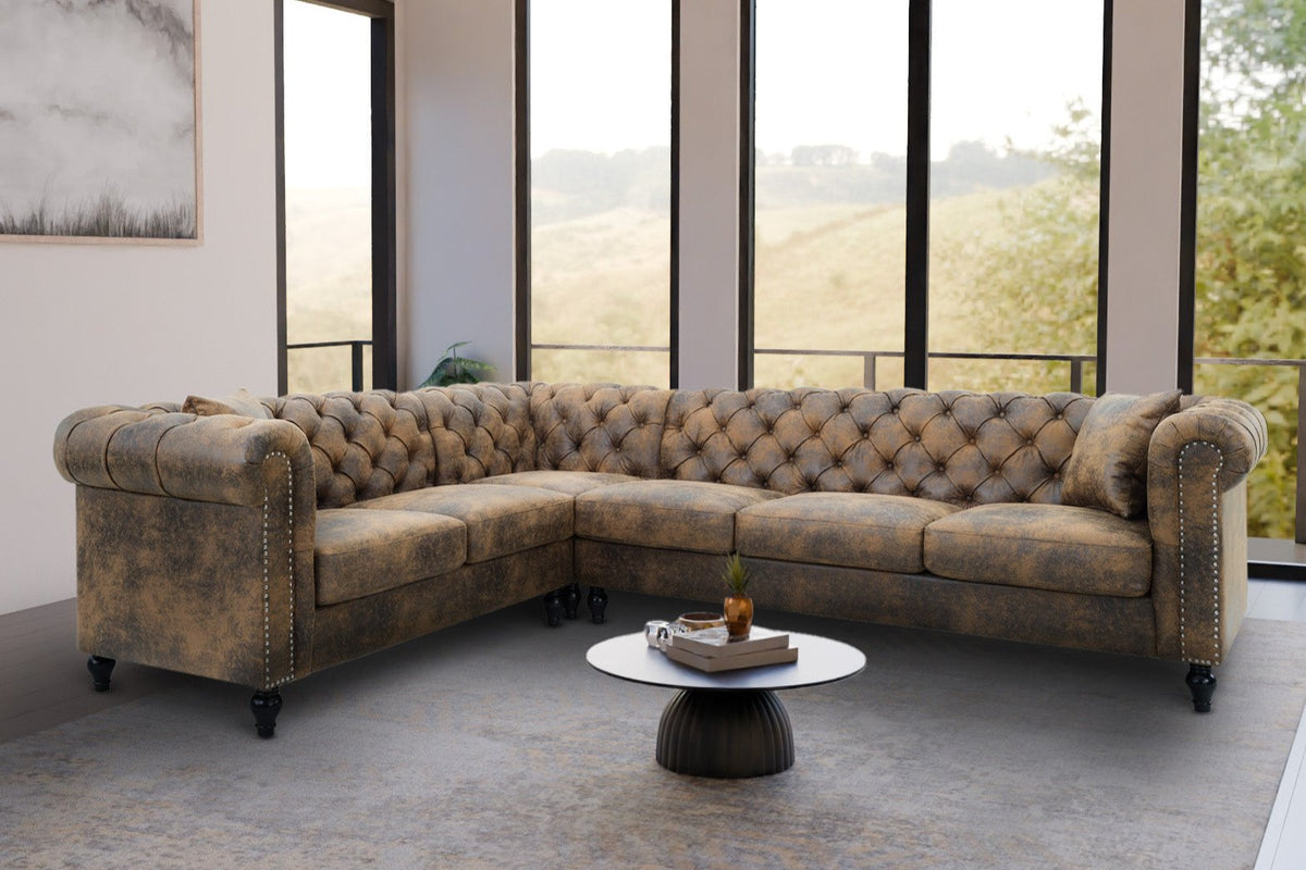 Leather Air Suede Brown Camden 2C3 Chesterfield Corner Sofa With Wooden Feet