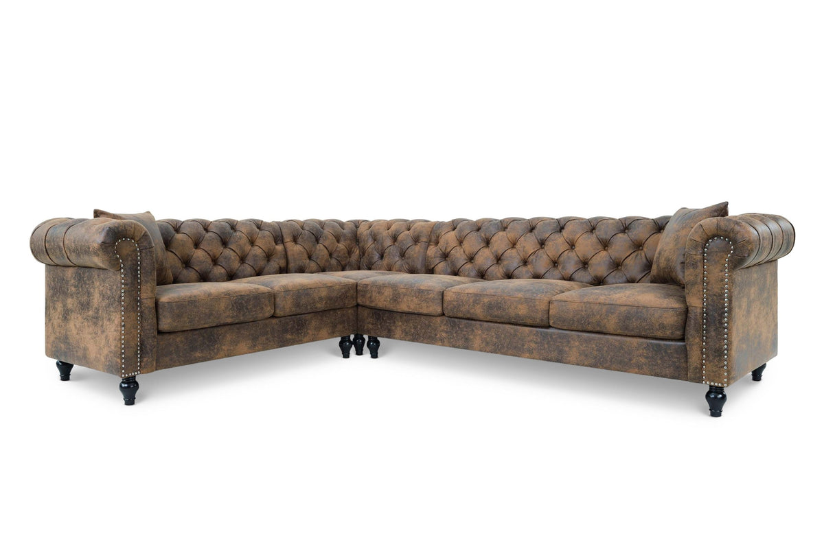Leather Air Suede Brown Camden 2C3 Chesterfield Corner Sofa With Wooden Feet