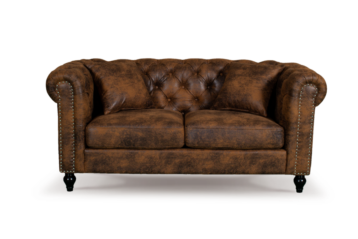 Leather Air Suede Brown Camden 2 Seater Chesterfield Sofa With Wooden Feet