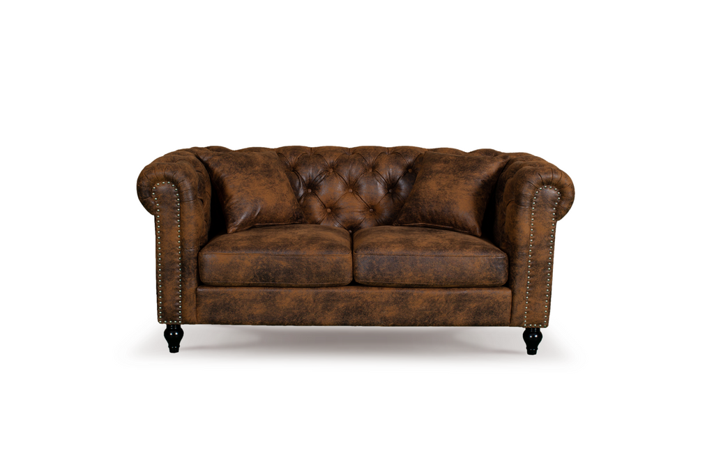 Leather Air Suede Brown Camden 2 Seater Chesterfield Sofa With Wooden Feet