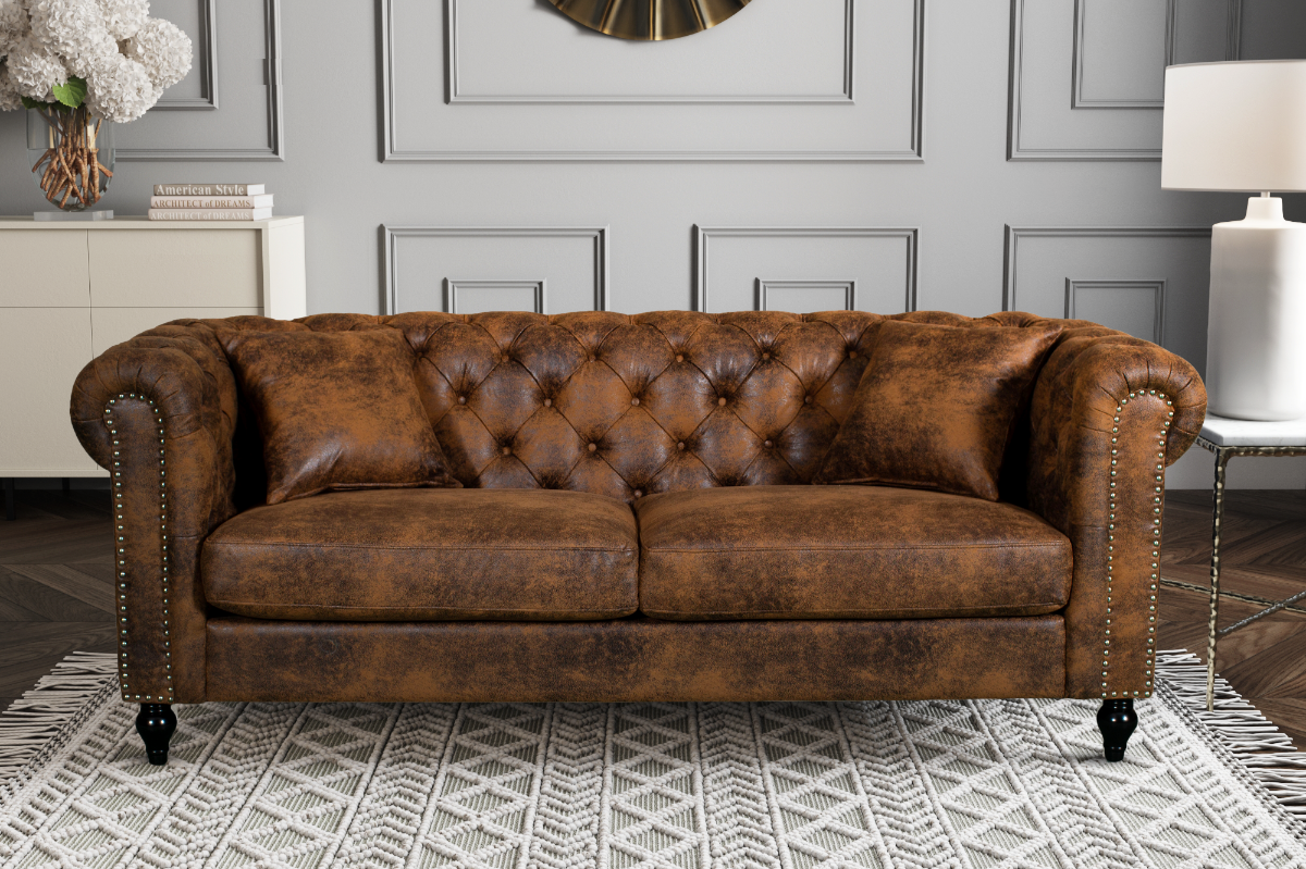 Leather Air Suede Brown Camden 3 Seater Chesterfield Sofa With Wooden Feet