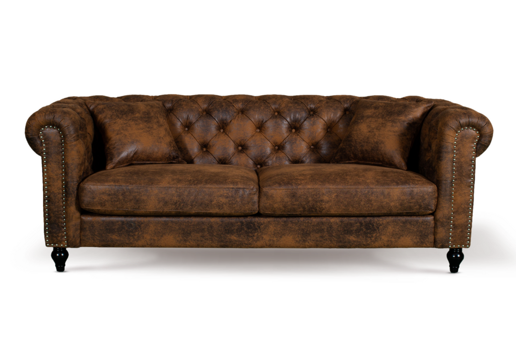 Leather Air Suede Brown Camden 3 Seater Chesterfield Sofa With Wooden Feet