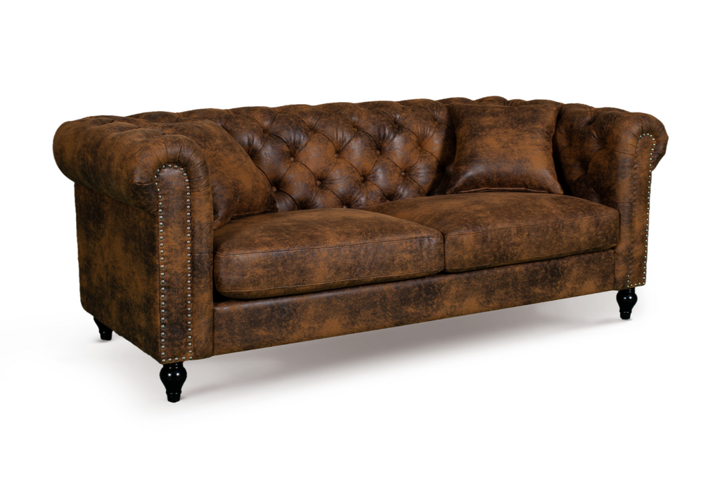 Leather Air Suede Brown Camden 3 Seater Chesterfield Sofa With Wooden Feet