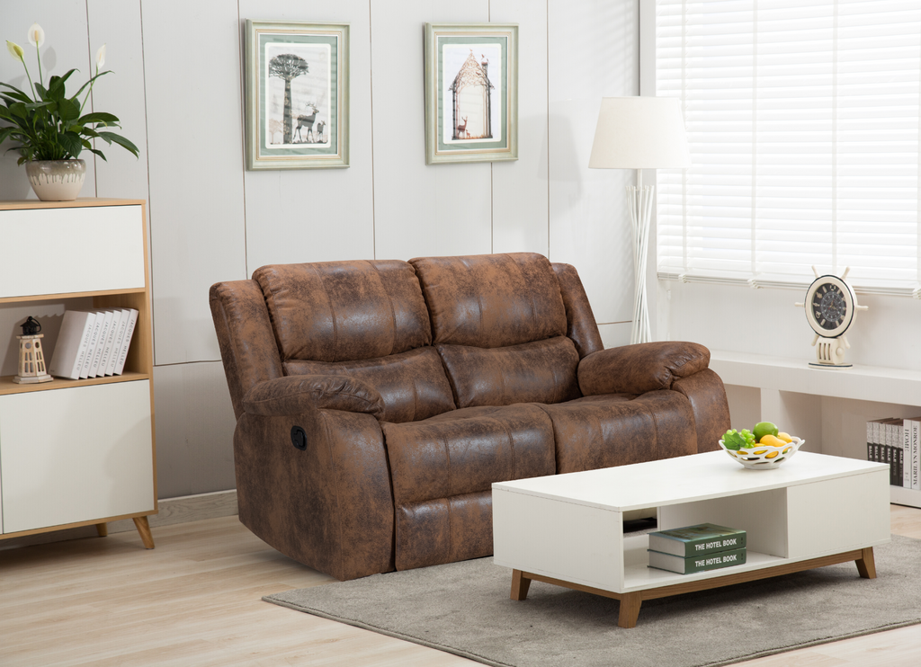 Leather Air Suede Brown Naples 2 Seater Manual Recliner Sofa