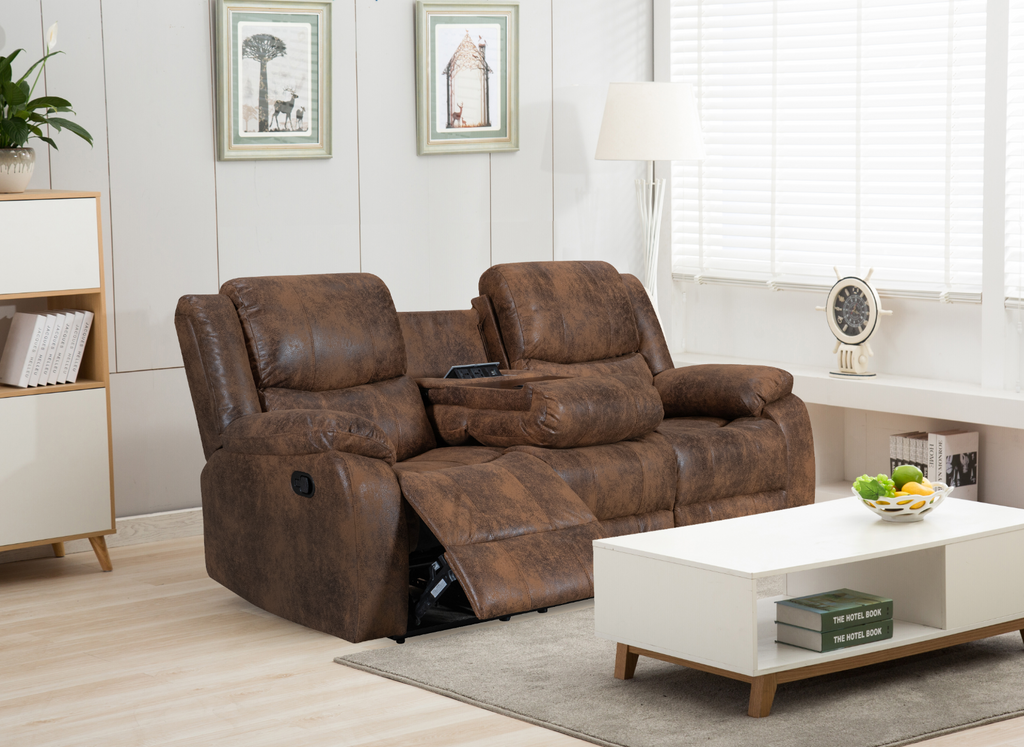 Leather Air Suede Brown Naples 3 Seater Manual Recliner Sofa