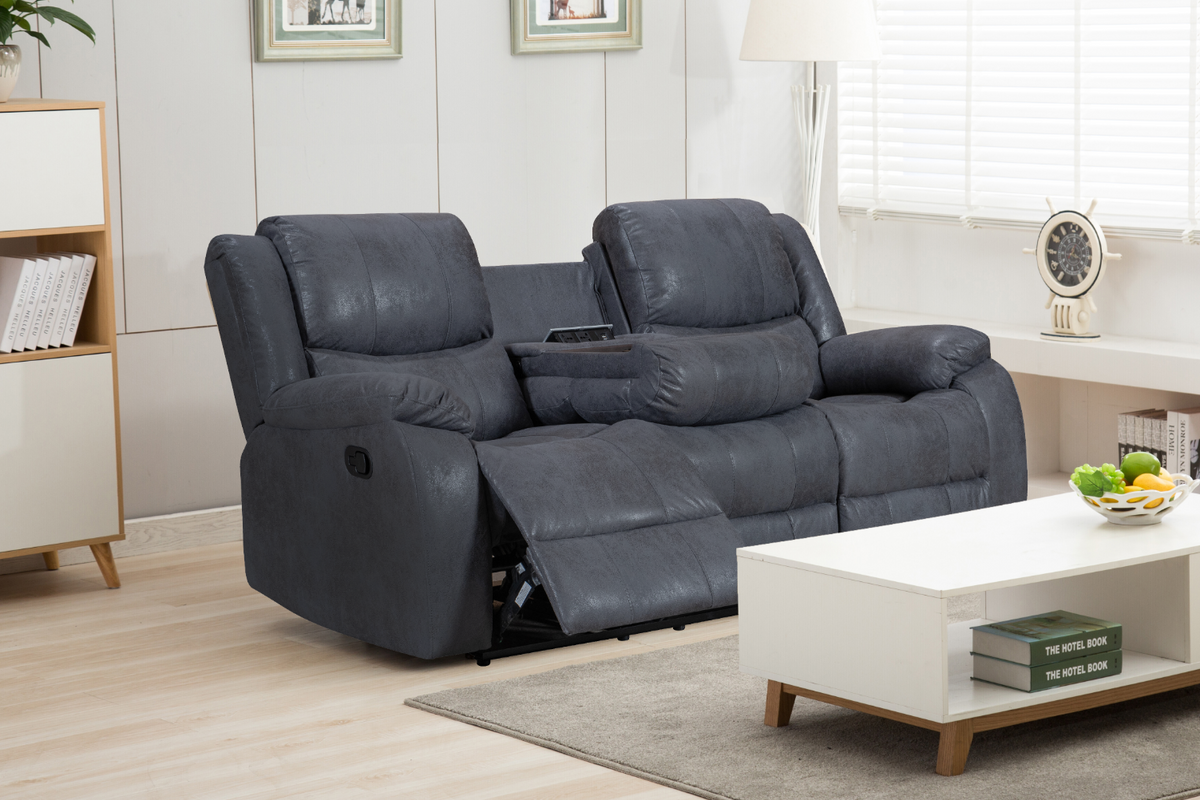 Leather Air Suede Grey Naples 3 Seater Manual Recliner Sofa