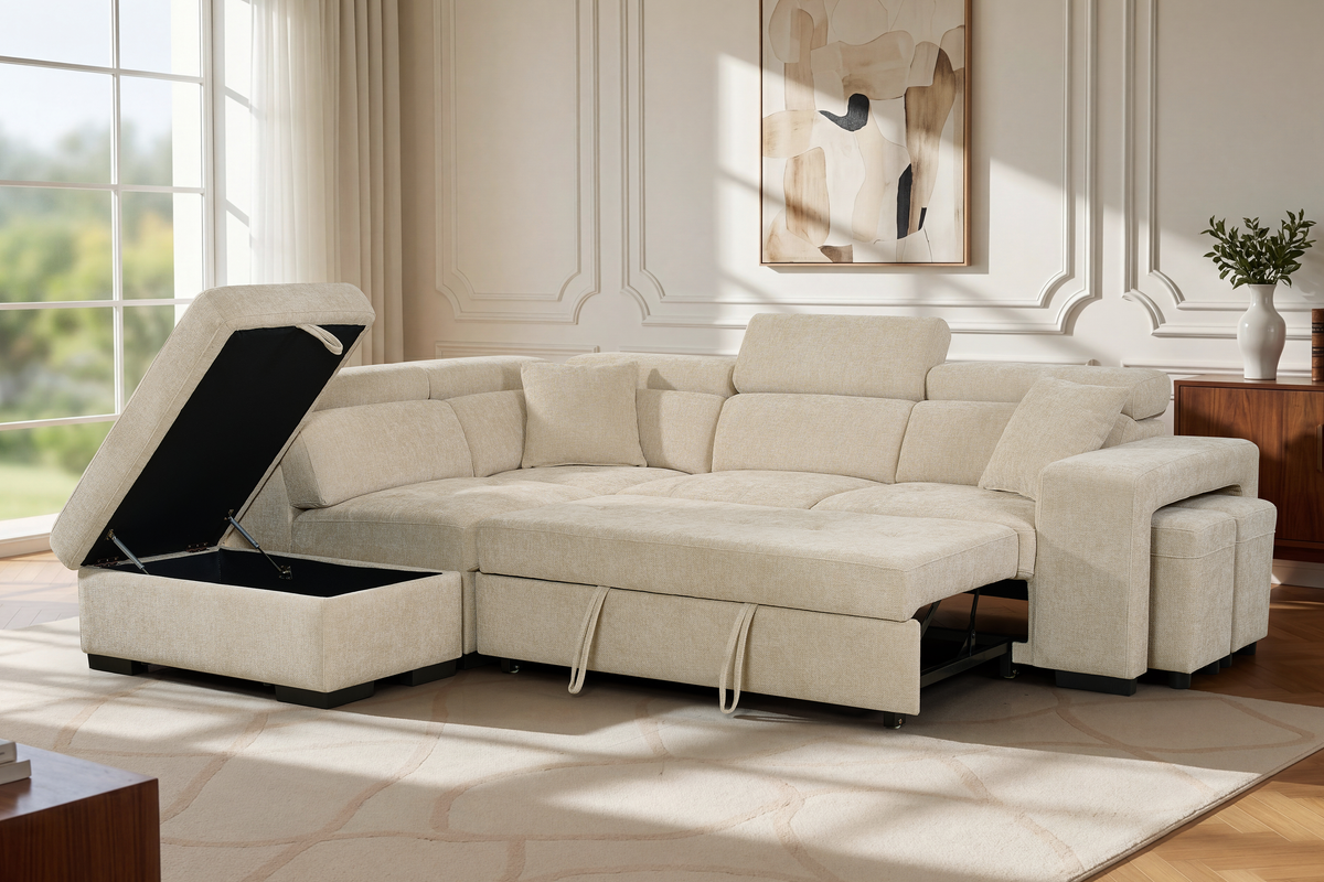 Light Beige Chenille Fabric 1C2 Corner Sofabed with Storage and Ottomans AMELIA
