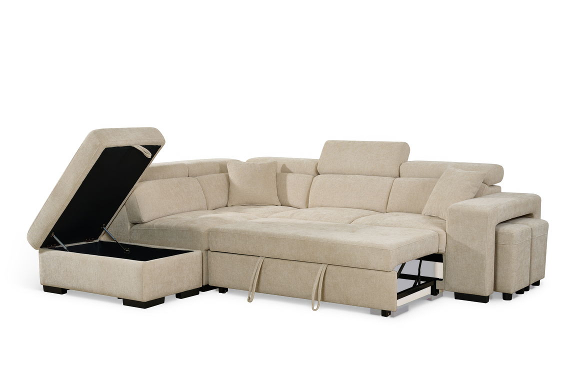 Light Beige Chenille Fabric 1C2 Corner Sofabed with Storage and Ottomans AMELIA