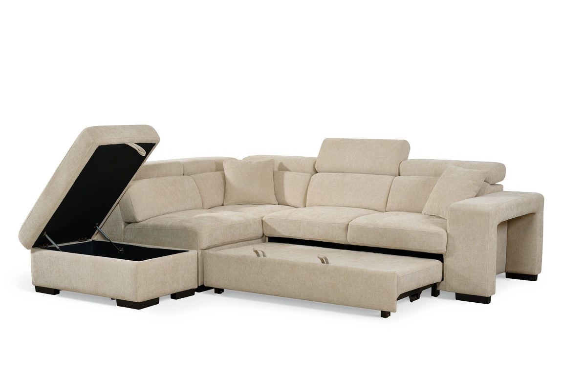 Light Beige Chenille Fabric 1C2 Corner Sofabed with Storage and Ottomans AMELIA