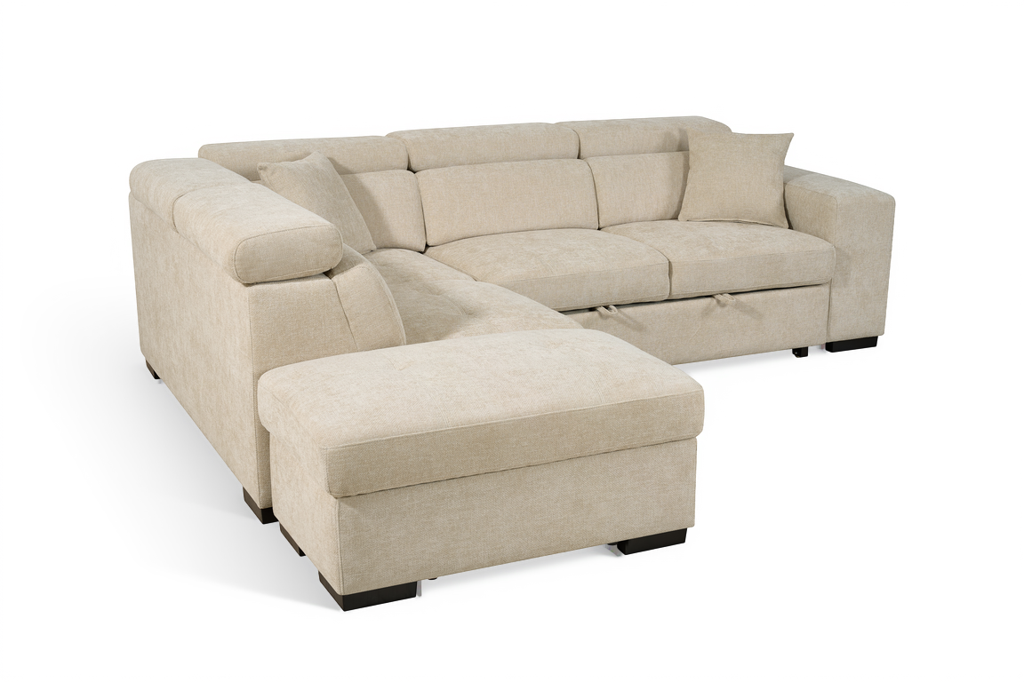 Light Beige Chenille Fabric 1C2 Corner Sofabed with Storage and Ottomans AMELIA