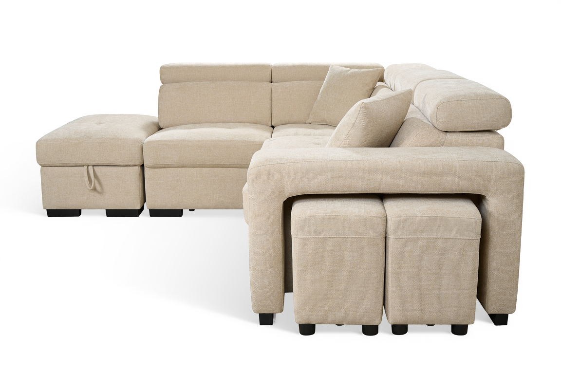 Light Beige Chenille Fabric 1C2 Corner Sofabed with Storage and Ottomans AMELIA