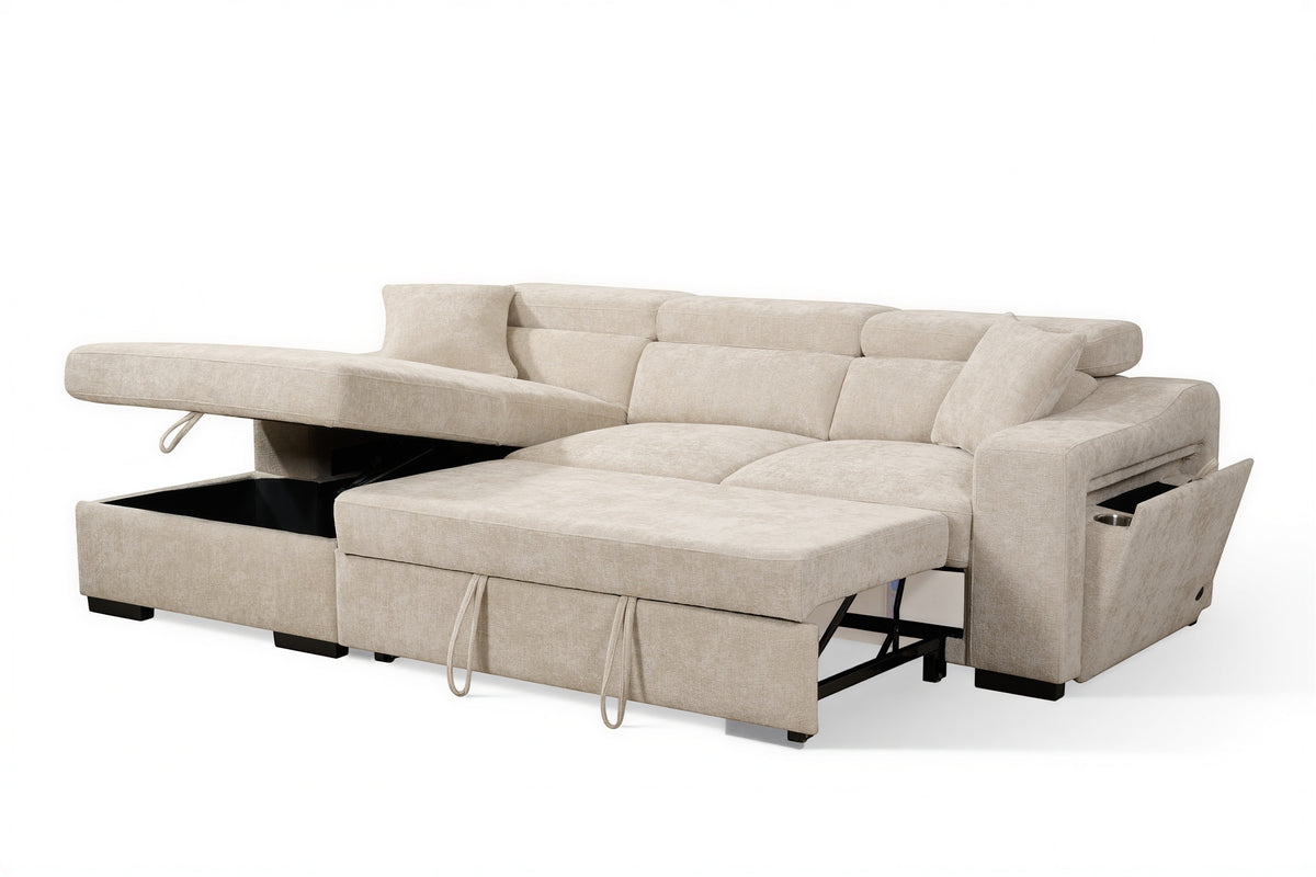 Light Beige Chenille Fabric 1C2 Corner Sofabed with Storage ARTHUR