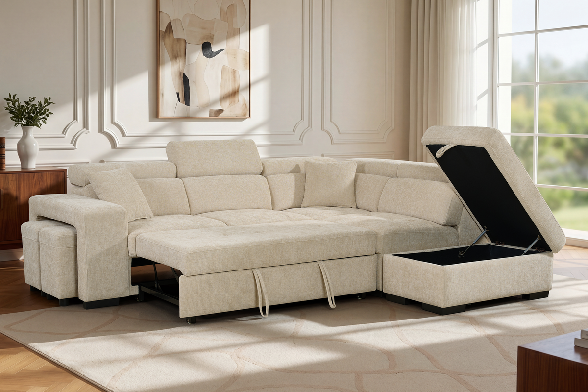 Light Beige Chenille Fabric 2C1 Corner Sofabed with Storage and Ottomans AMELIA