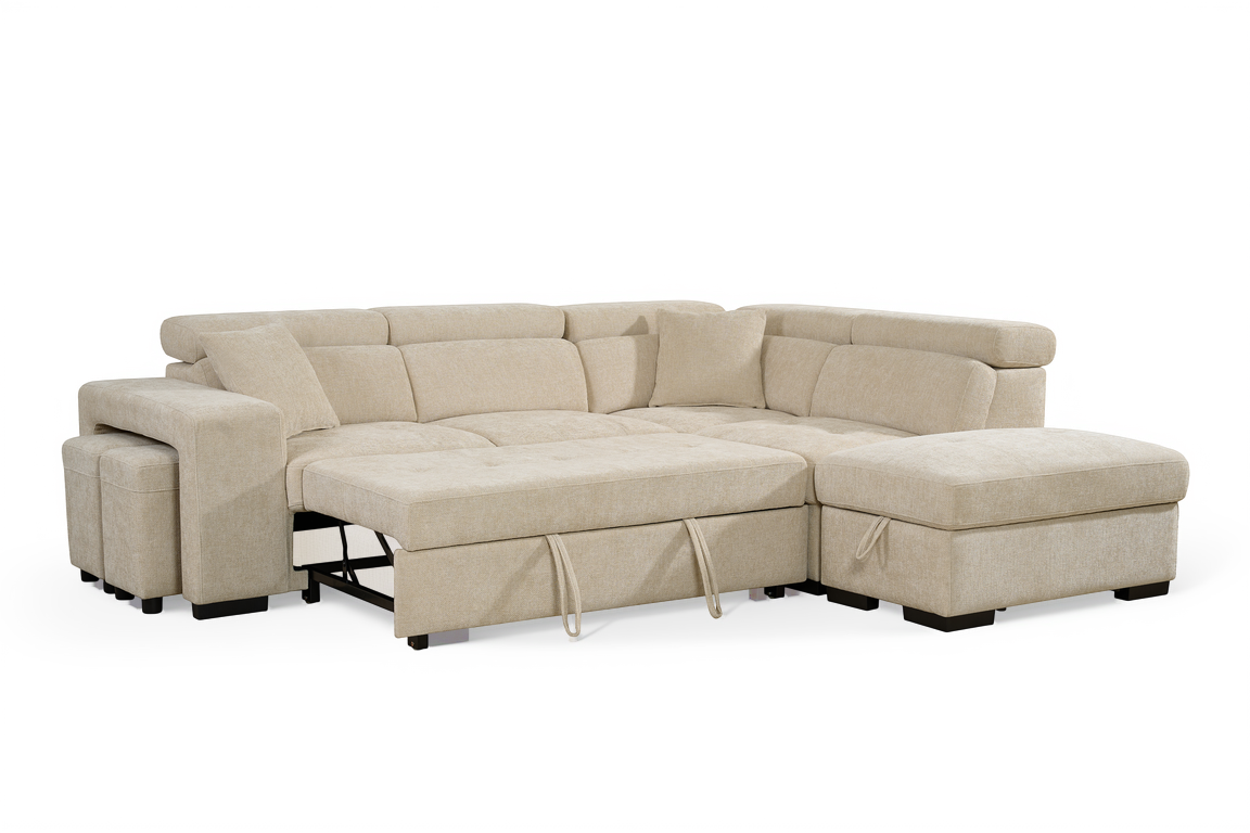 Light Beige Chenille Fabric 2C1 Corner Sofabed with Storage and Ottomans AMELIA