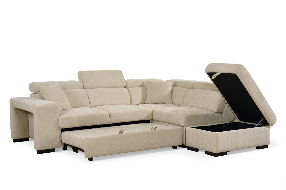 Light Beige Chenille Fabric 2C1 Corner Sofabed with Storage and Ottomans AMELIA
