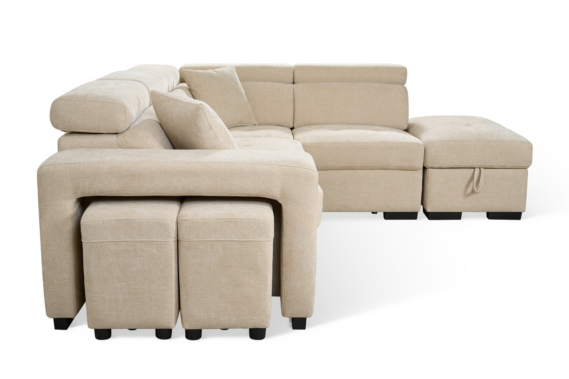 Light Beige Chenille Fabric 2C1 Corner Sofabed with Storage and Ottomans AMELIA