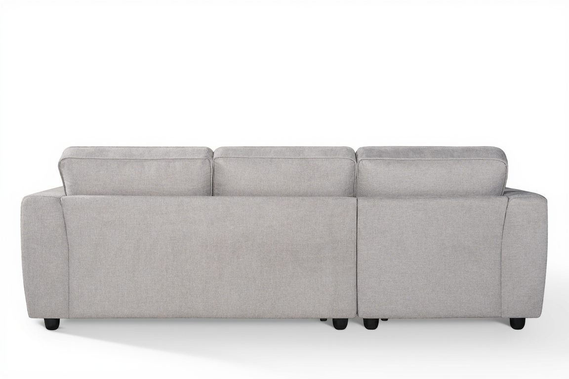 light grey chenille corner sofa with a chaise section, bolster cushions, and accent cushions