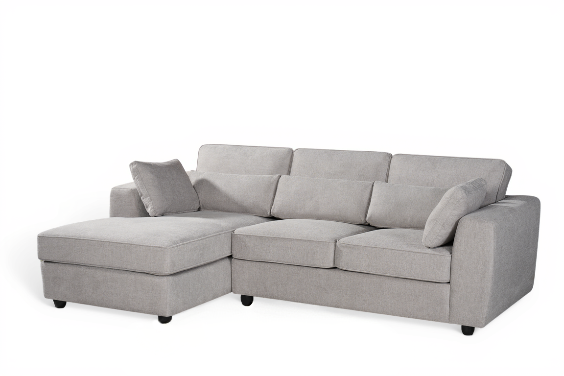 light grey chenille modern corner sofa with a chaise section, bolster cushions, and accent cushions