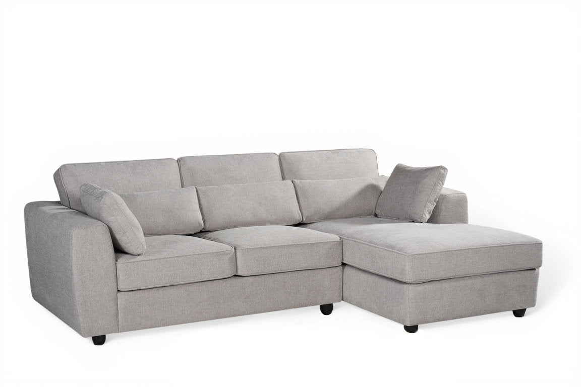 light grey chenille corner sofa with a chaise section