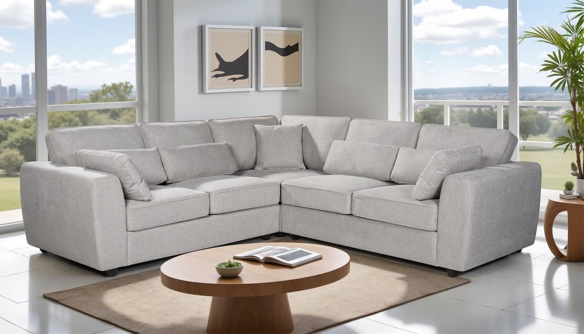 light grey chenille corner sofa with five seats in a living room